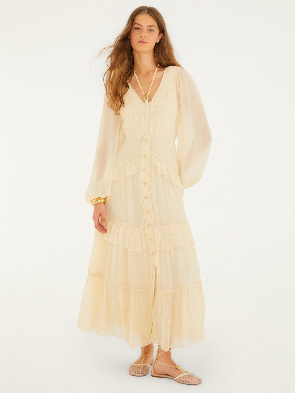 Farm Rio: Butter Yellow Ruffled Buttoned
Maxi Dress